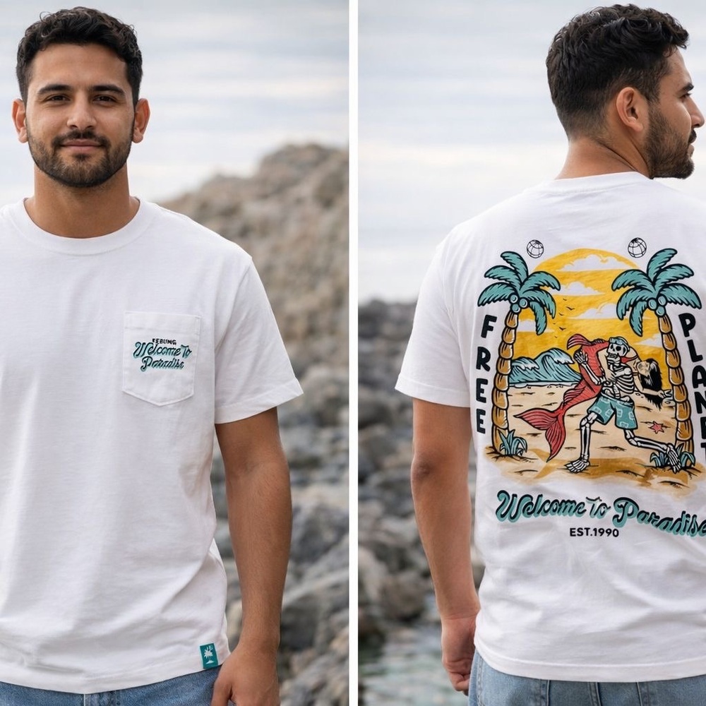White Graphic Pocket Tee - Welcome to Paradise Back Print Size Xavier